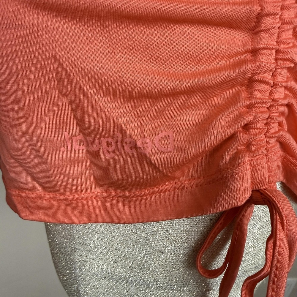 Desigual Tank Top Womens M Orange Logo Ruched Drawstring Sides Summer READ - Picture 5 of 9